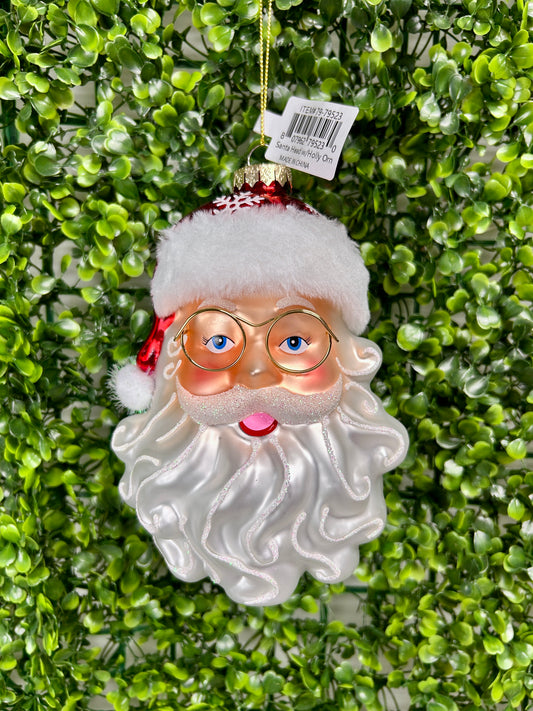 Santa Head With Holly Glass Ornament