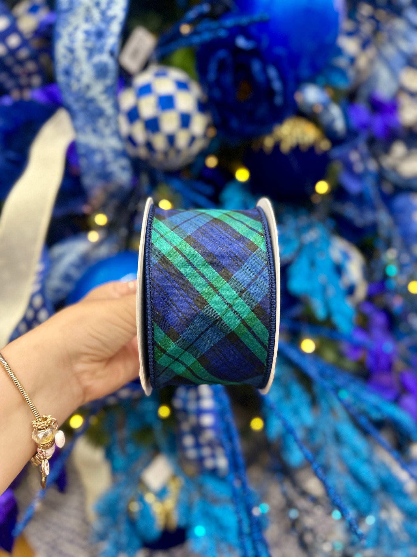 David Christopher 2.5 Inch By 10 Yard Navy Blue and Evergreen Plaid Ribbon