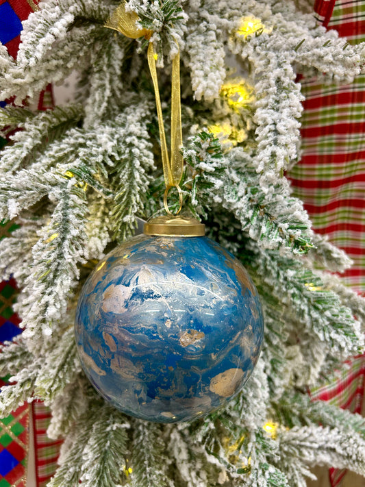 4 Inch Blue Gold And White Marble Glass Ball Ornament