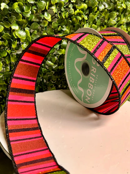 1.5 Inch By 10 Yard Hot Pink Lime Black And Orange Horizontal Stripe Ribbon