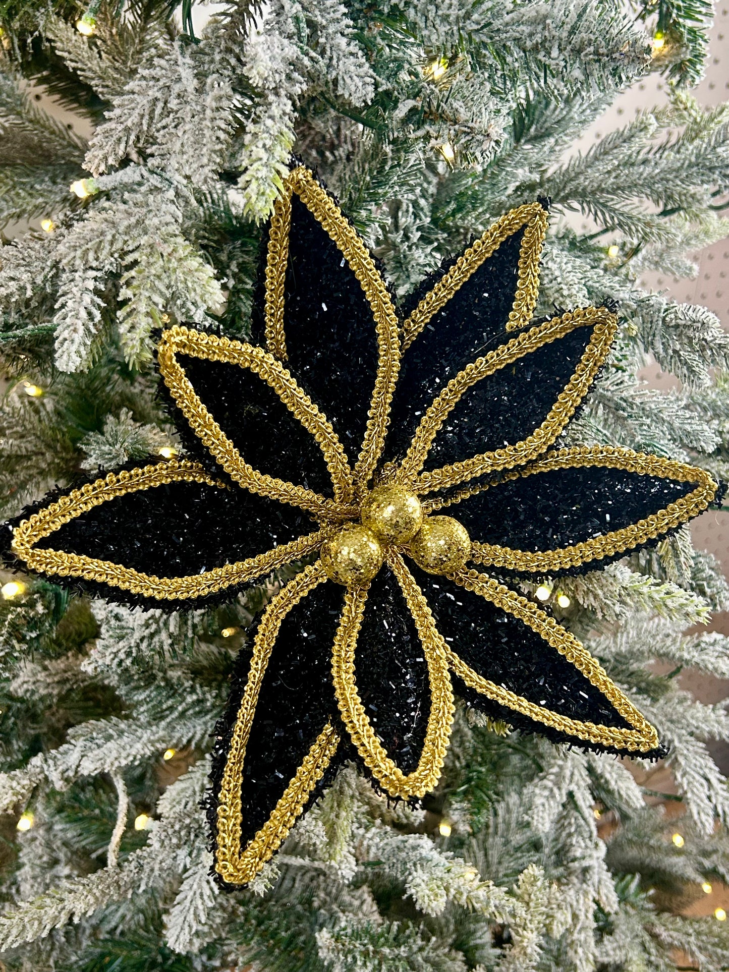 14 Inch Black And Gold Glitter And Lace Edge Poinsettia Pick