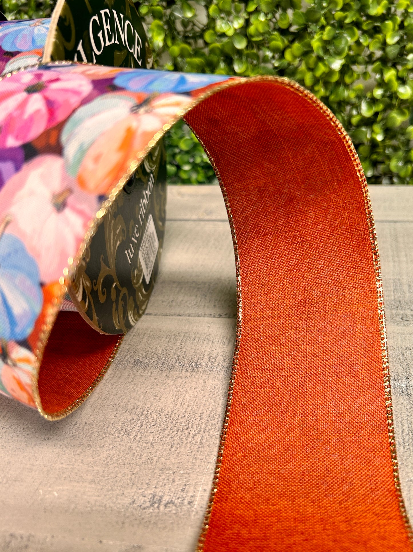 2.5 Inch By 10 Yard Abstract Linen Pastel Pumpkins With Rust Backing Ribbon