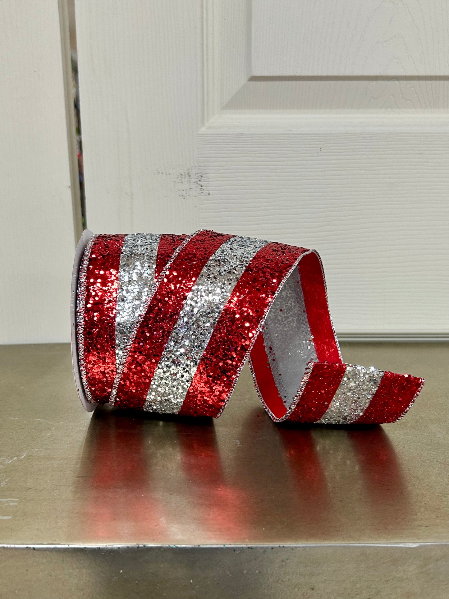 2.5 Inch By 10 Yard Red And Silver Large Glitter Stripe Ribbon