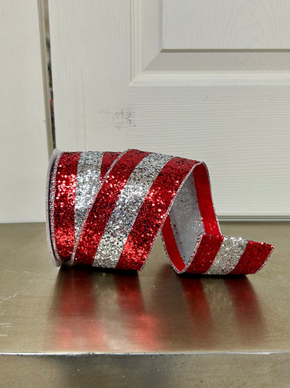 2.5 Inch By 10 Yard Red And Silver Large Glitter Stripe Ribbon
