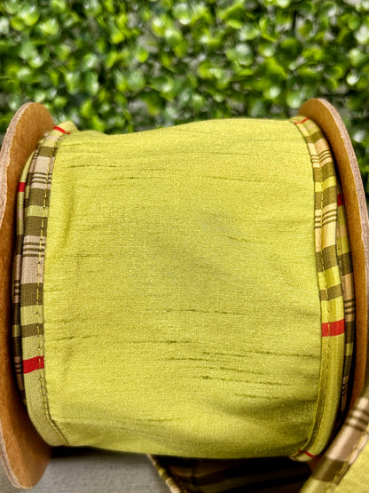 4 Inch By 10 Yard Moss With Moss Plaid Piping Reversible Dupioni Ribbon