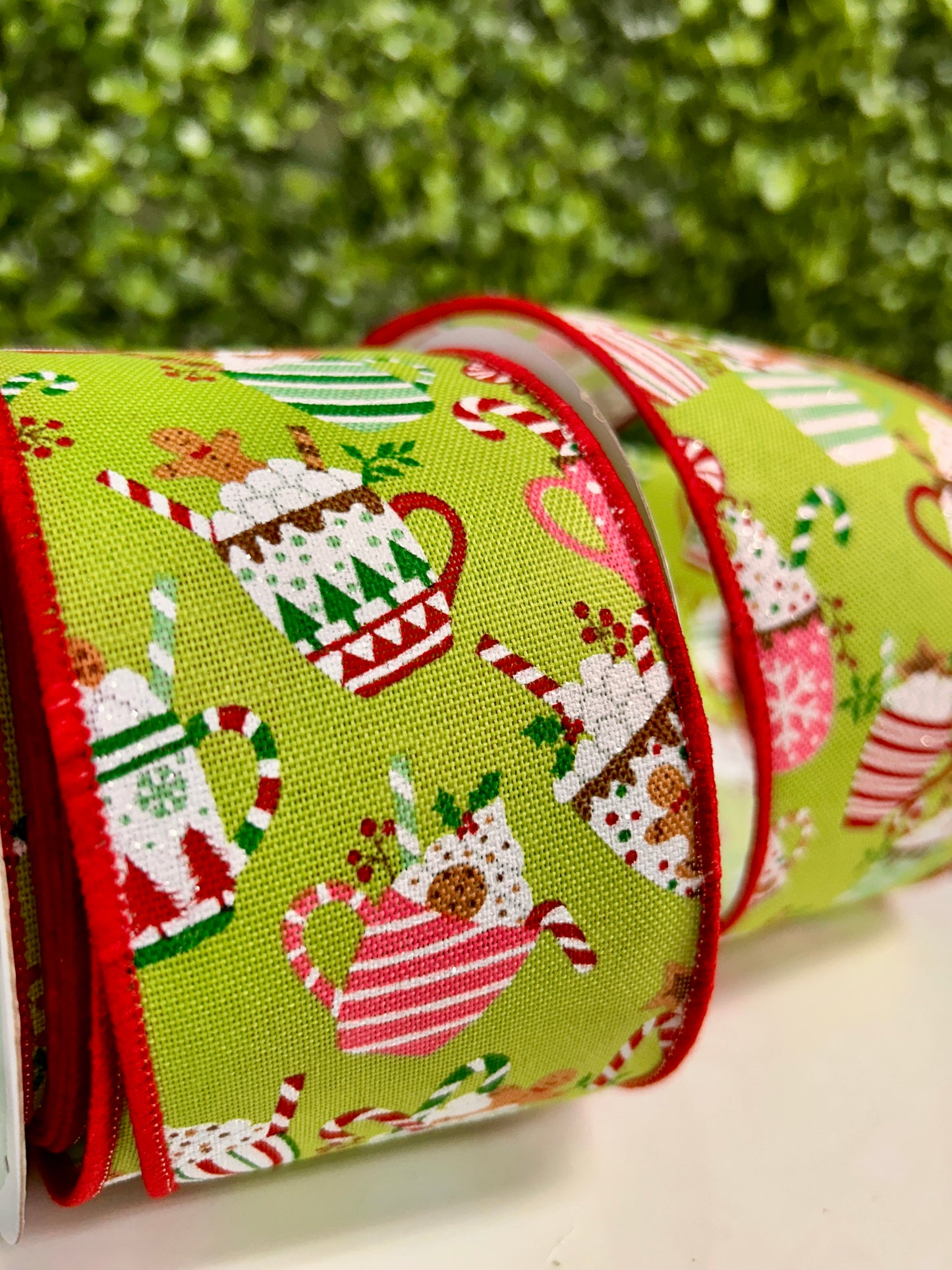 2.5 Inch By 10 Yard Lime Green Christmas Hot Cocoa Mugs Ribbon