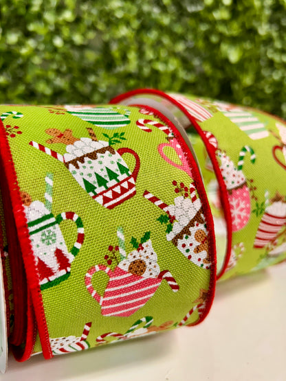 2.5 Inch By 10 Yard Lime Green Christmas Hot Cocoa Mugs Ribbon