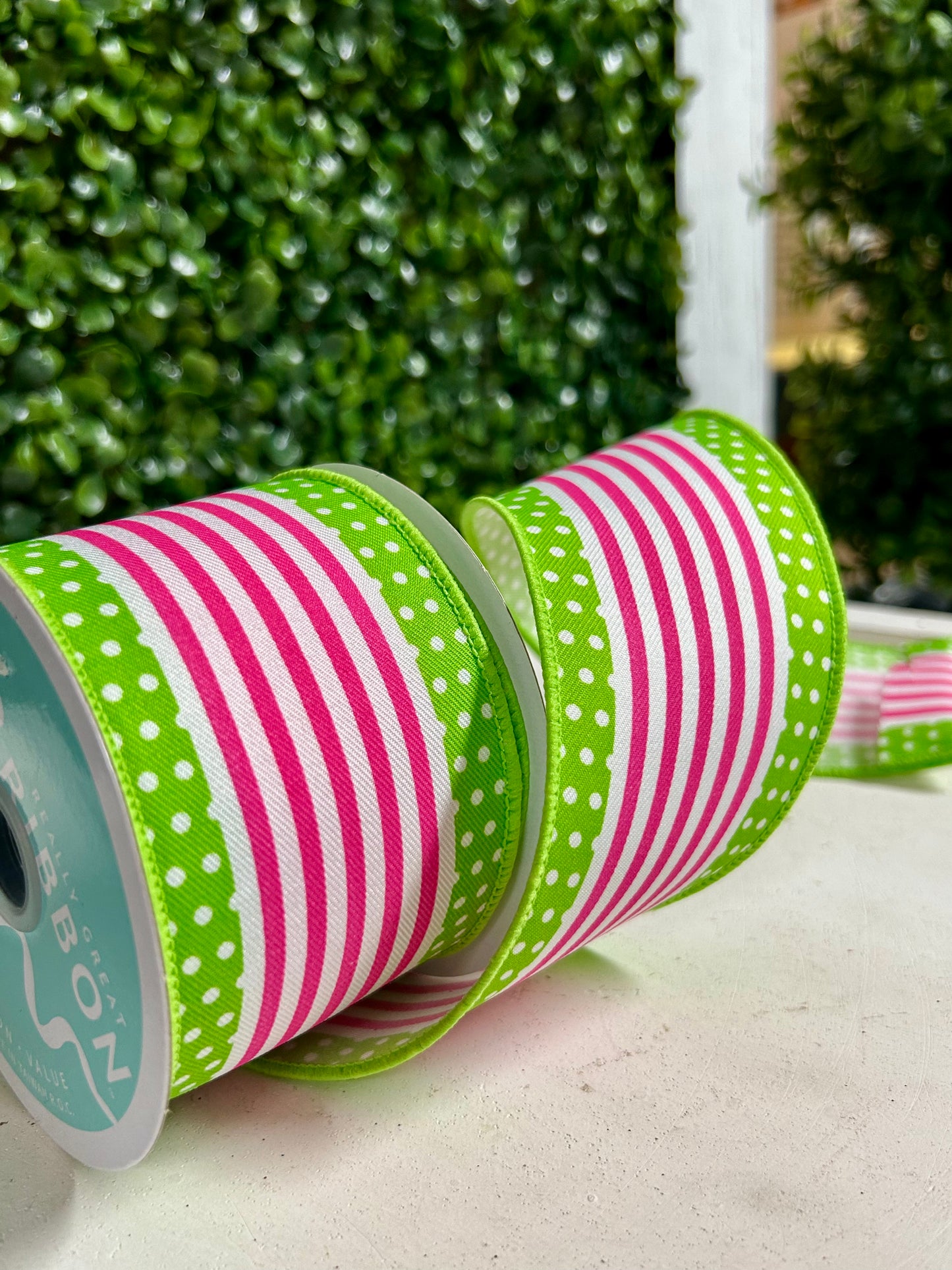 2.5 Inch By 10 Yard White Hot Pink And Lime Vertical Stripe And Polka Dot Edge Ribbon