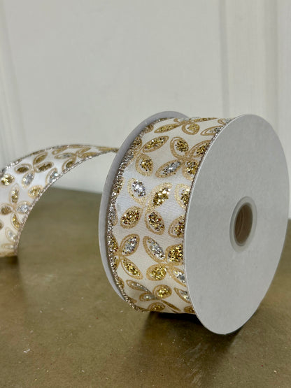 1.5 Inch By 10 Yard Silver And Gold Glitter Petals On Ivory Background Ribbon