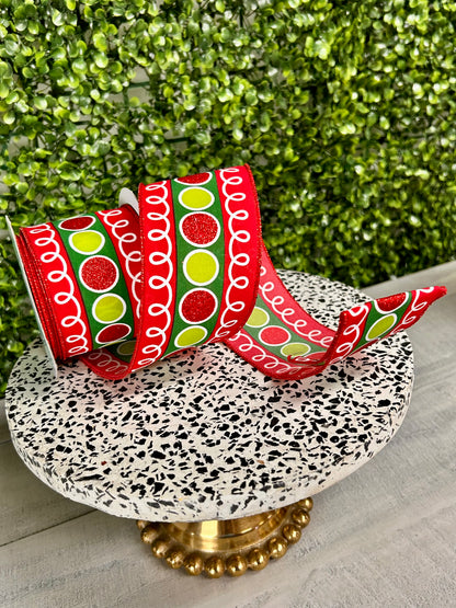 2.5 Inch By 10 Yard Red Lime And Emerald Stripe With Glitter Circles And Loops Ribbon