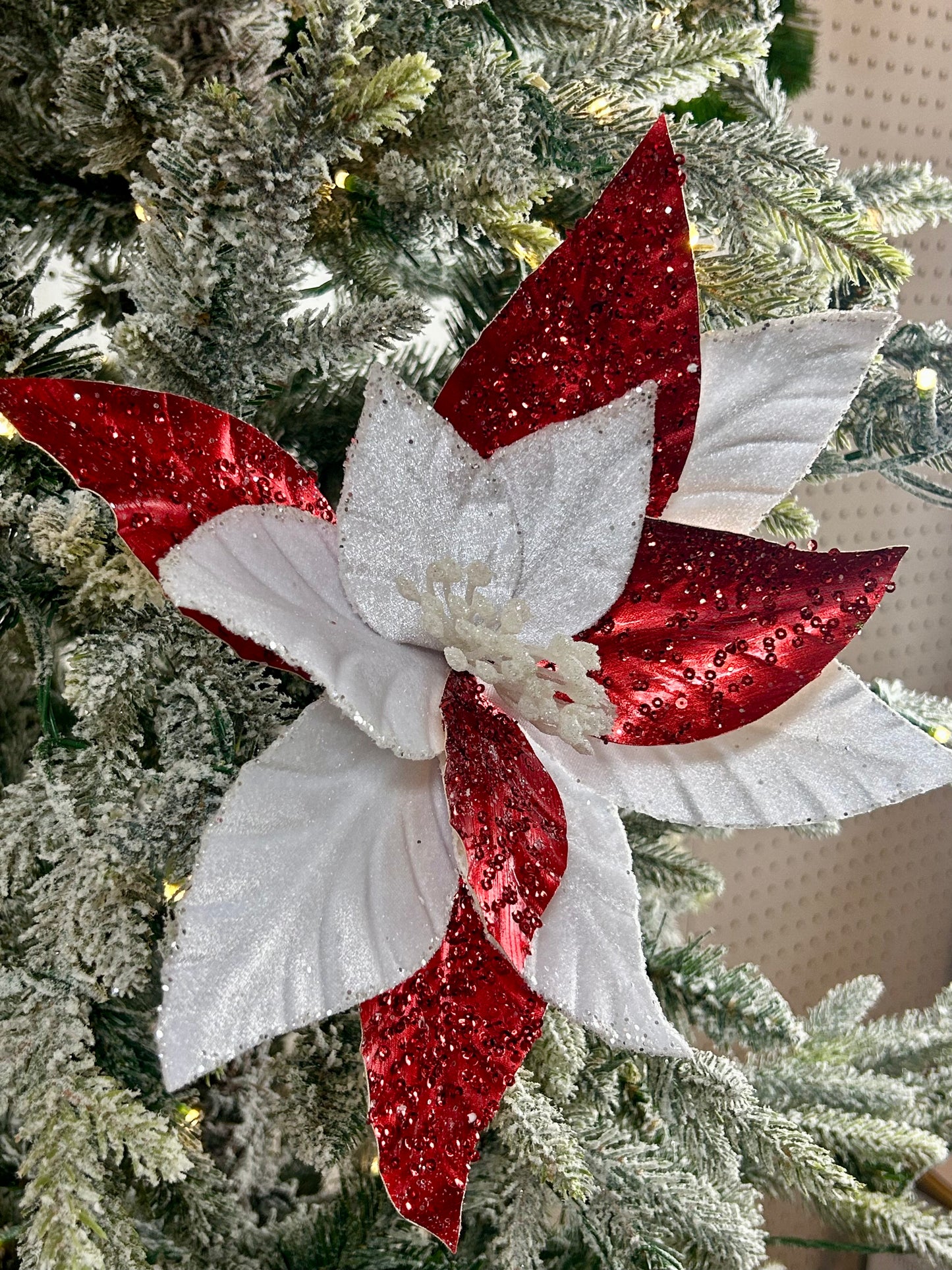 22 Inch Christmas Red And White Velvet Metallic Poinsettia