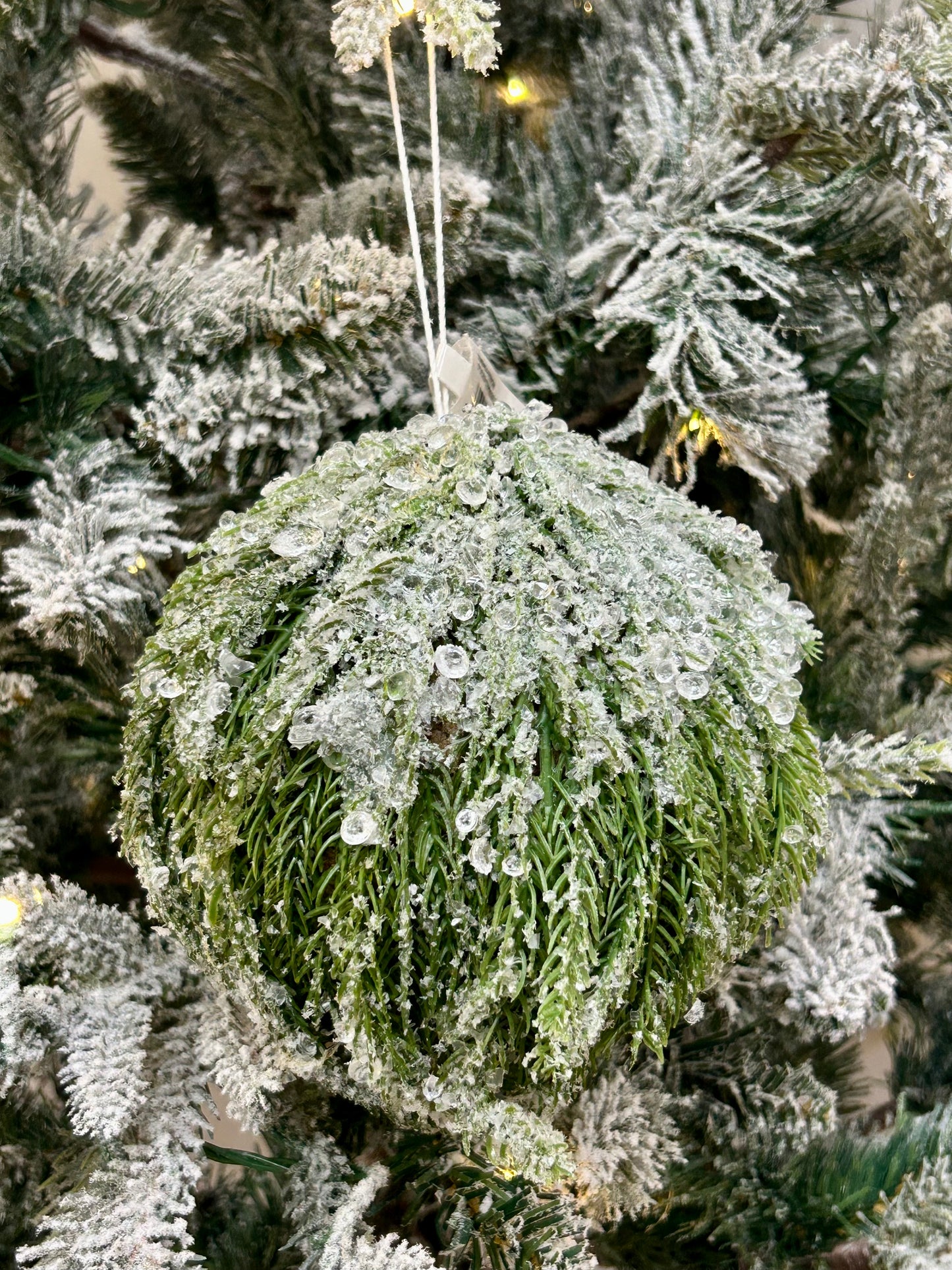 5 Inch Green And White Iced Cypress Ball Ornament