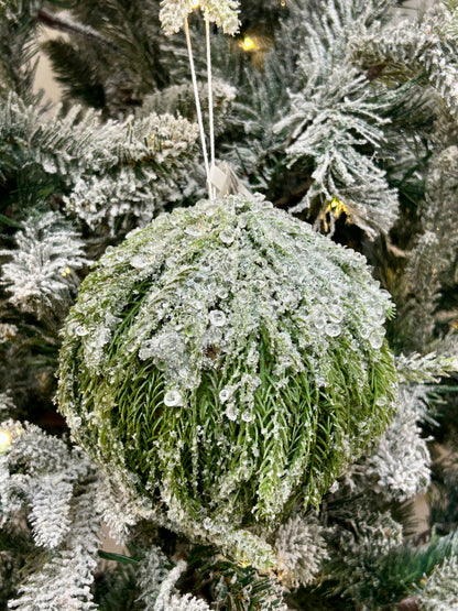 5 Inch Green And White Iced Cypress Ball Ornament