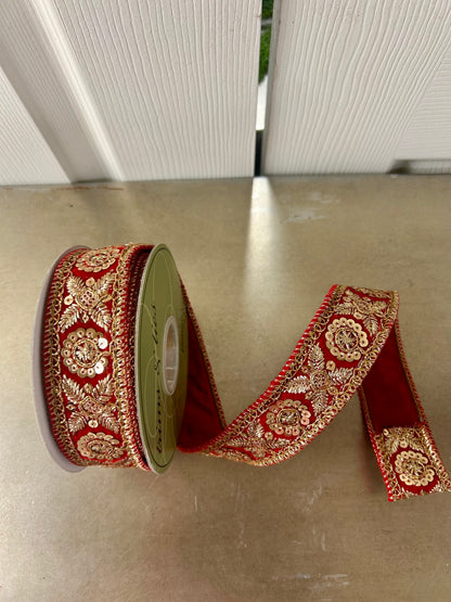 1.5 Inch By 5 Yard Red  And Gold Jewel Trim Velvet Ribbon