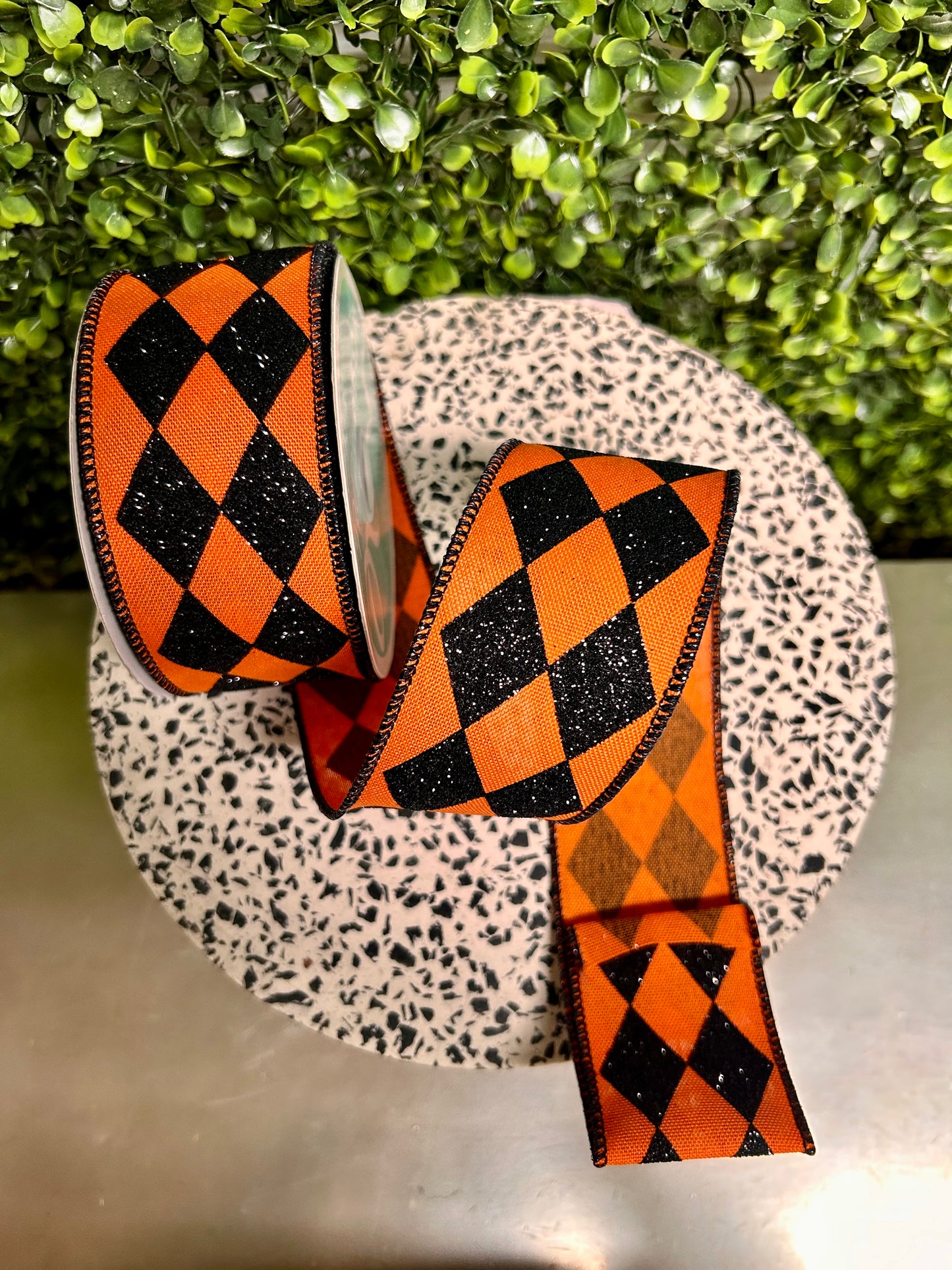 2 Inch By 10 Yard Orange And Black Glitter Harlequin Check Ribbon