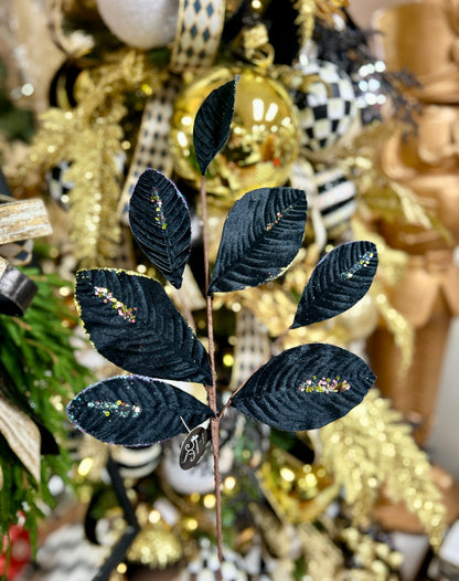 26 Inch Black Velvet Sequin Magnolia Leaf Spray