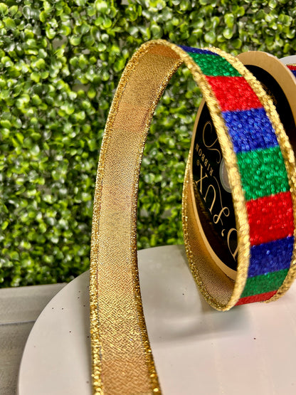 7/8 Inch By 10 Yard Red Emerald And Royal Blue Glitter Striped Fused Ribbon