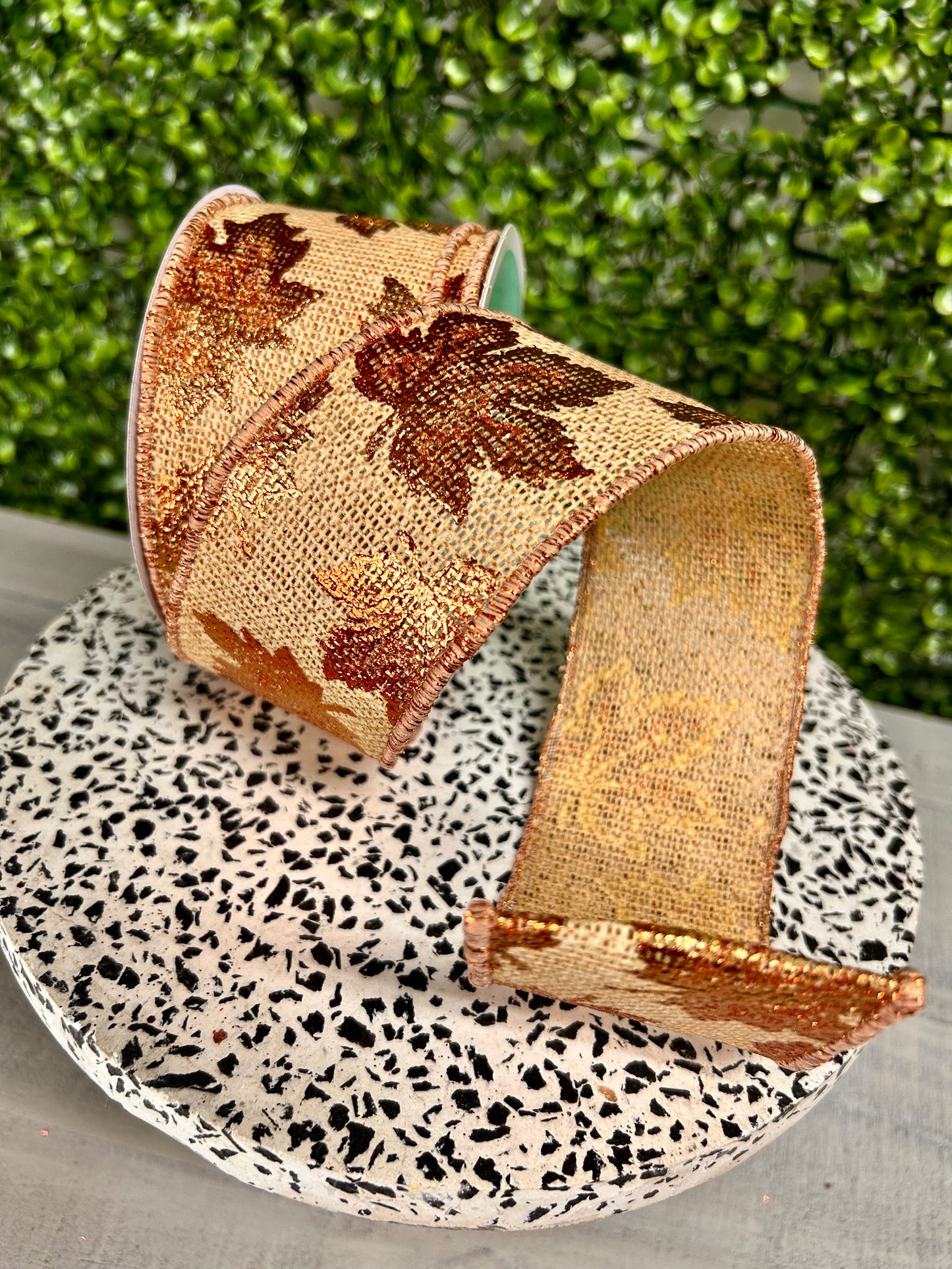 2.5 Inch By 10 Yard Natural Foil Maple Leaf On Faux Royal Ribbon