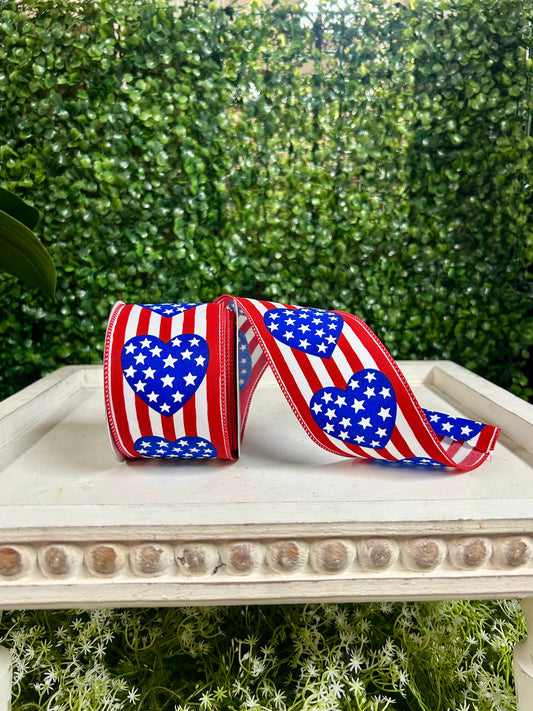 2.5 Inch By 10 Yard Stars In Heart And Vertical Stripe Ribbon