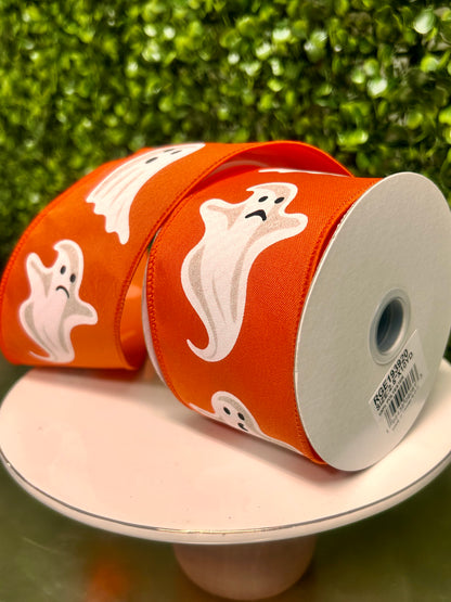 2.5 Inch By 10 Yard Ghosts On Orange Background Ribbon
