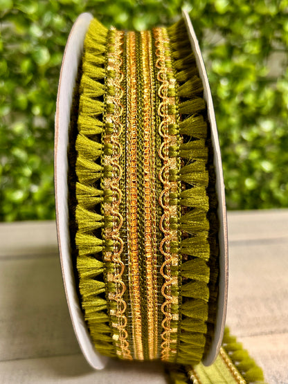 John Mark 1.5 Inch By 10 Yard Green Tassel Fringe Dupioni Ribbon