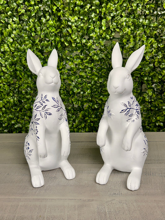 10 Inch Blue And White Flower Patterned Resin Bunny Two Styles