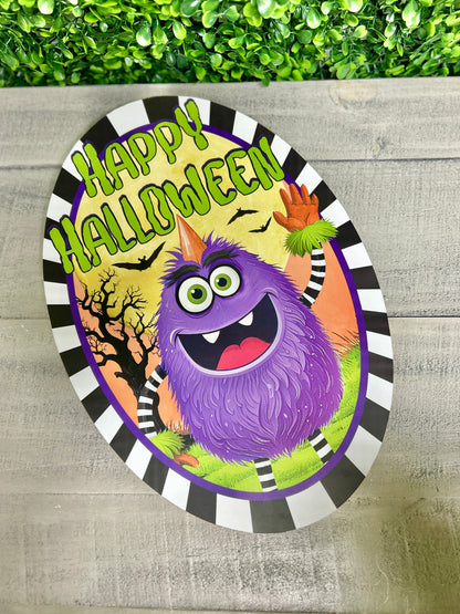 13 Inch Oval Happy Halloween Monster Wood Sign