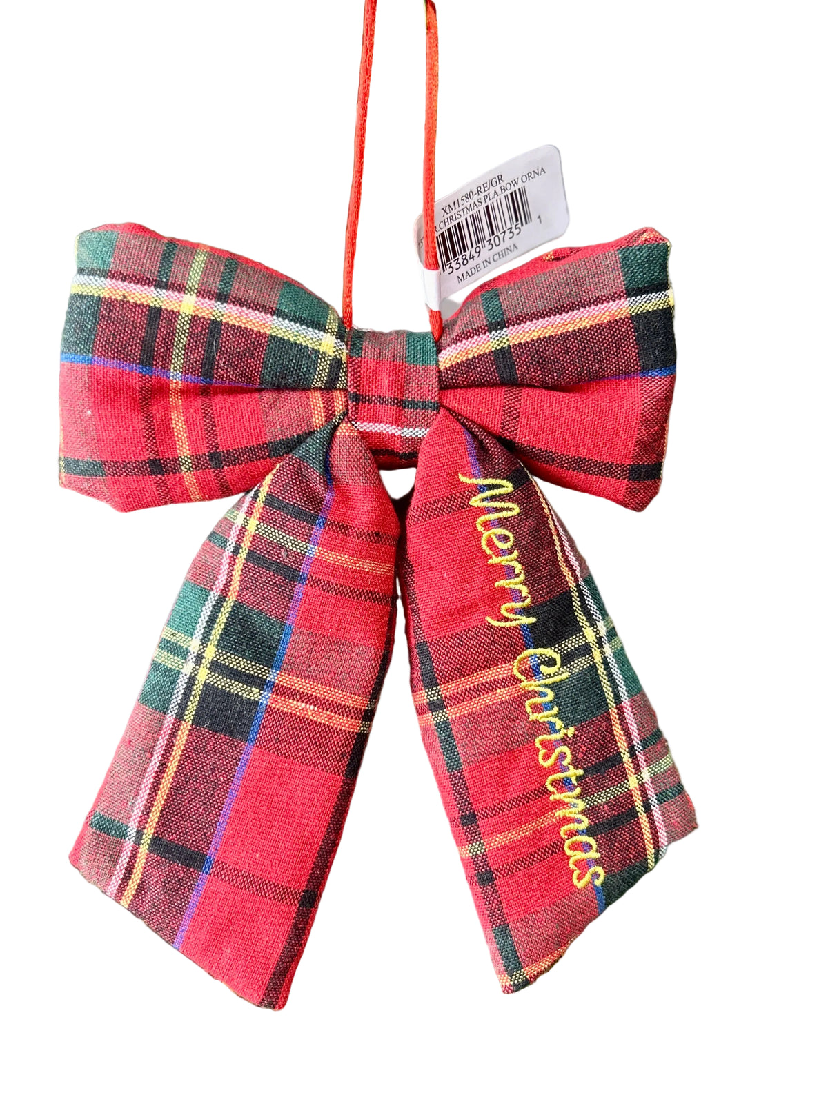 7.5 Inch Red Green Plaid Merry Christmas Bow Ornament