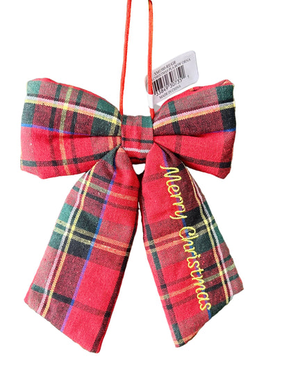 7.5 Inch Red Green Plaid Merry Christmas Bow Ornament