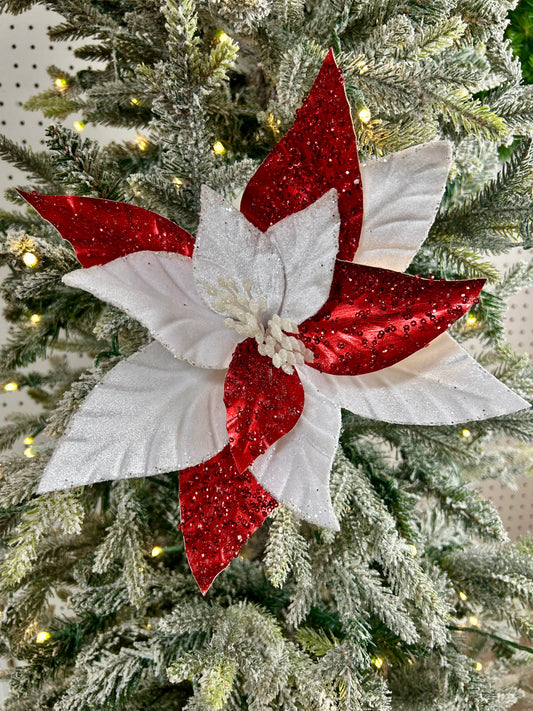 22 Inch Christmas Red And White Velvet Metallic Poinsettia