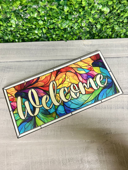 12.5 Inch Welcome Stained Glass Wood Sign