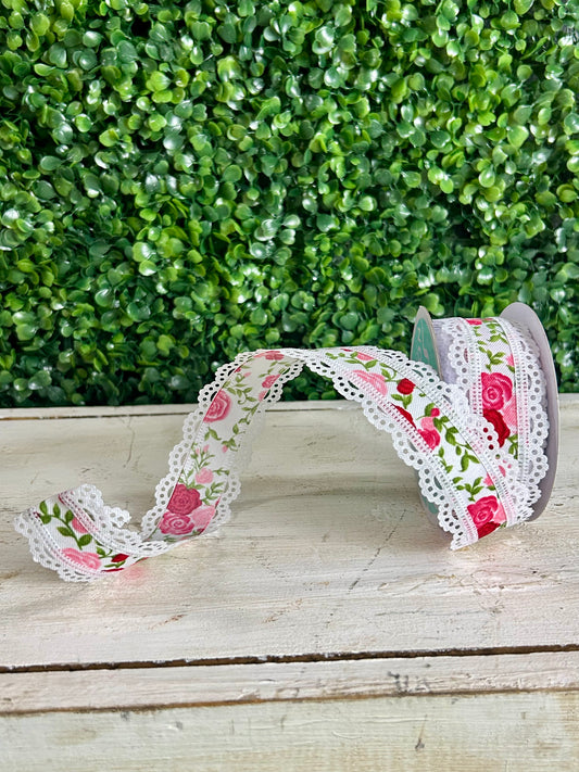 1.5 Inch By 10 Yard Red And Pink Mini Roses And Lace Ribbon