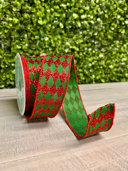 1.5 Inch By 10 Yard Emerald Green And Red Glitter Harlequin Ribbon