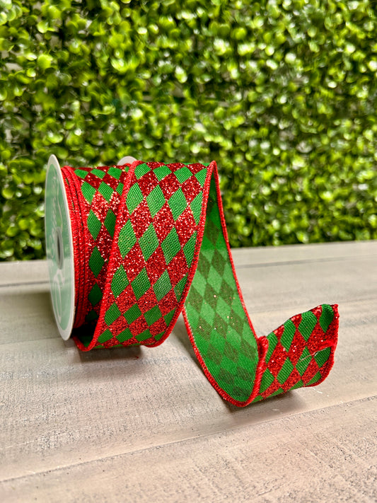 1.5 Inch By 10 Yard Emerald Green And Red Glitter Harlequin Ribbon