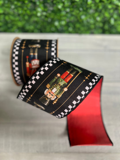 4 Inch By 10 Yard Black White Check Nutcracker With Red Backing Ribbon