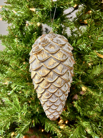9 Inch White And Gold Pinecone Ornament