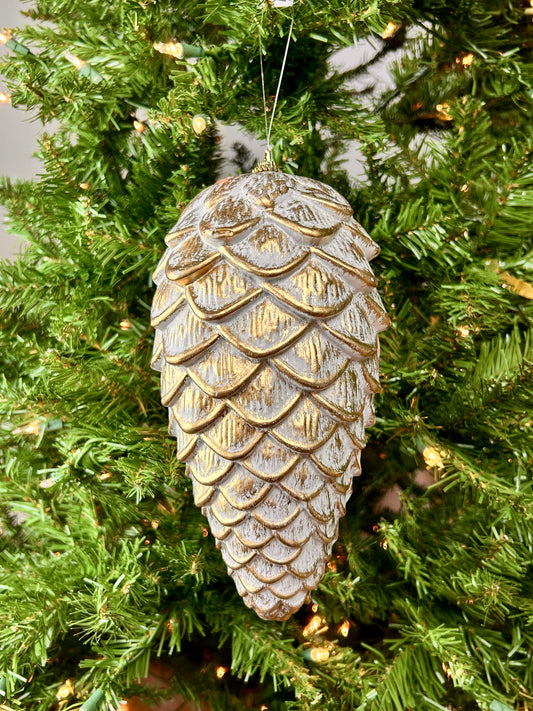 9 Inch White And Gold Pinecone Ornament