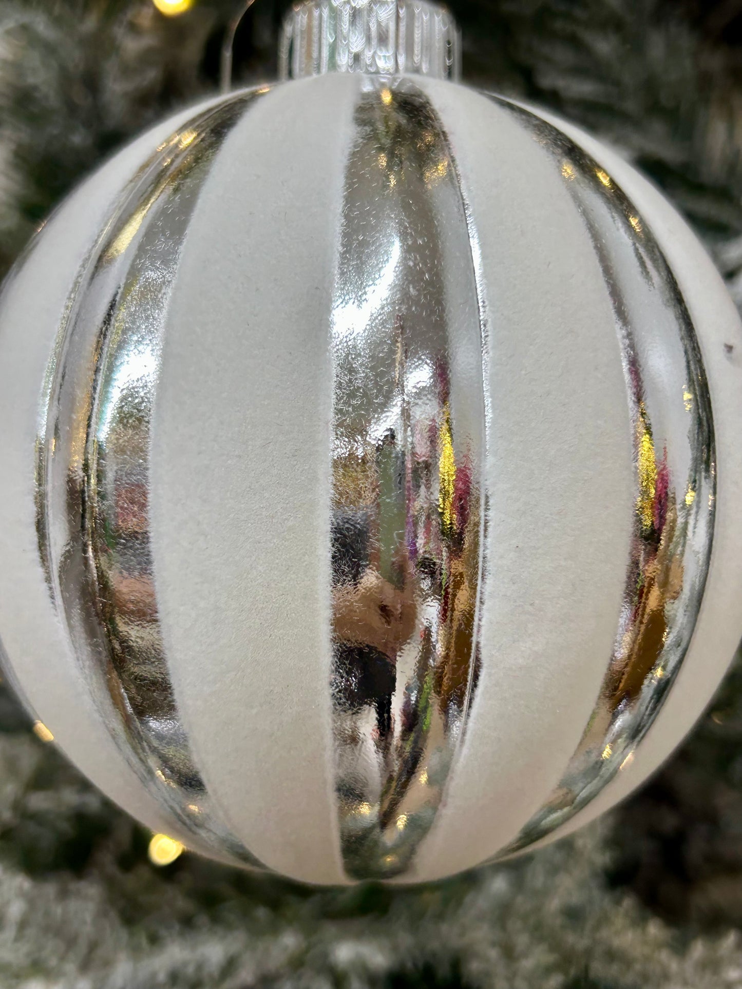 5 Inch White And Silver Stripe Ball Ornament