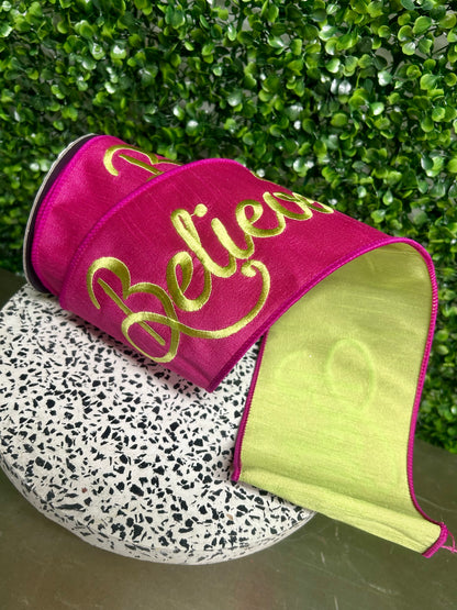 4 Inch By 5 Yard Fuchsia And Lime Green Believe Embroidery Dupioni Ribbon