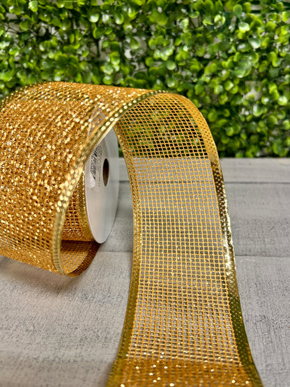 2.5 Inch By 10 Yard Gold Glitter Net With Metallic Edge Ribbon