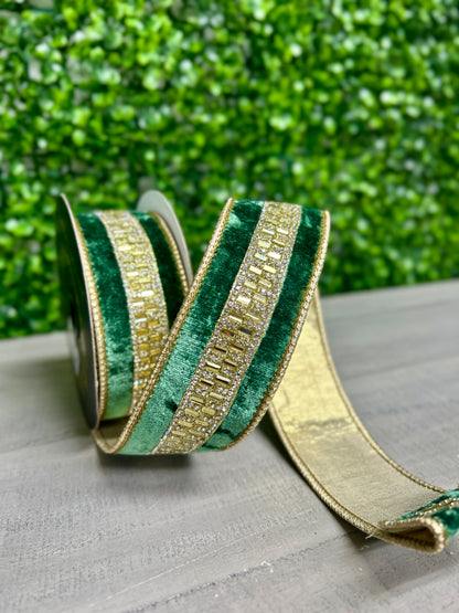 John Mark 1.5 Inch By 5 Yard Green Velvet Jeweled Center Fused Backing Ribbon
