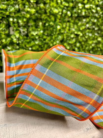 4 Inch By 10 Yard Moss Green Orange And Smoke Blue Faux Dupioni Plaid Ribbon