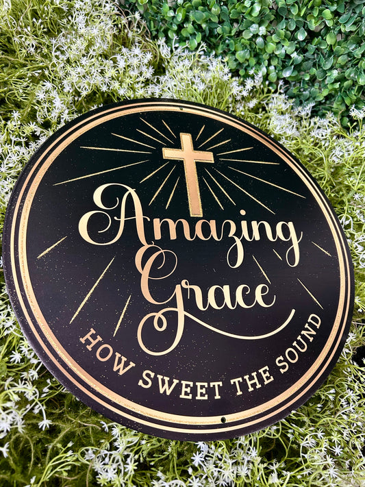 12 Inch Black And Gold Amazing Grace Glitter Metal Sign