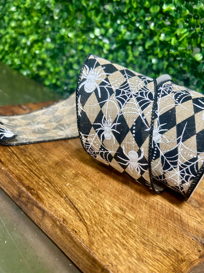 2.5 Inch By 10 Yard Natural And Black Harlequin Spider And Spiderweb Ribbon