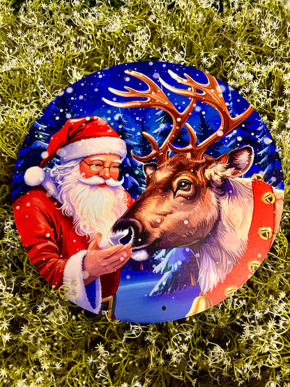 12 Inch Santa And Reindeer Metal Sign