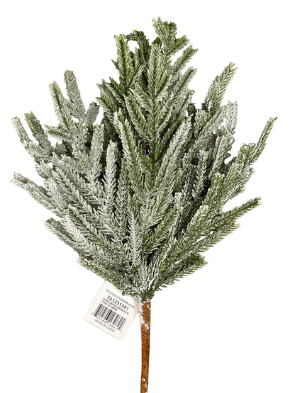 14 Inch Green White Flocked Long Needle Magnolia Cedar Spray