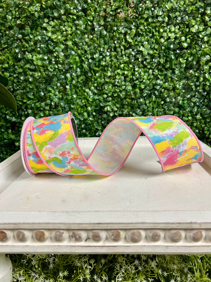 2.5 Inch By 10 Yard Ivory Yellow Pink And Blue Abstract Paint Ribbon