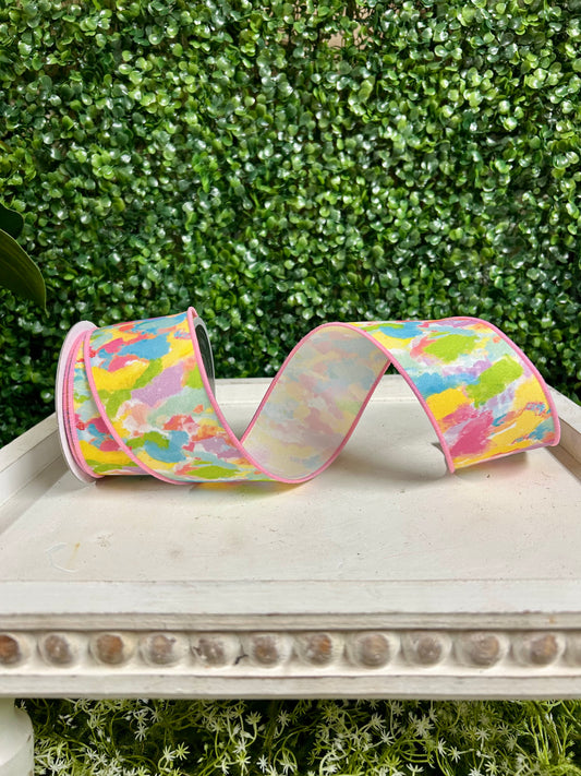 2.5 Inch By 10 Yard Ivory Yellow Pink And Blue Abstract Paint Ribbon