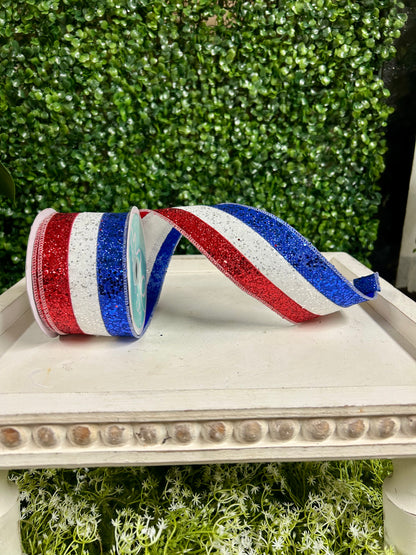 2.5 Inch By 10 Yard Red White And Royal Blue Large Glitter Ribbon