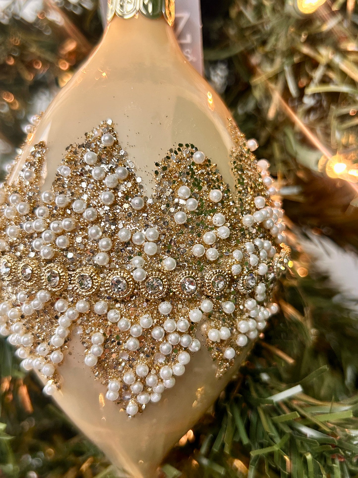 4 Inch Champagne And Cream Beaded Glass Ornament Three Assorted